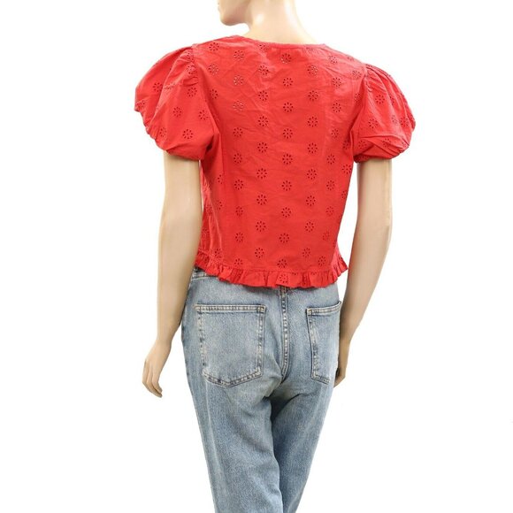 Sandy Liang Cameo Blouse Top Eyelet Embroidered Ruffle Red Cotton M-8 New 270756 - Picture 6 of 8